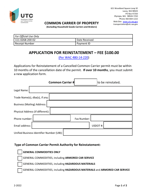 Application for Reinstatement - Common Carrier of Property - Washington