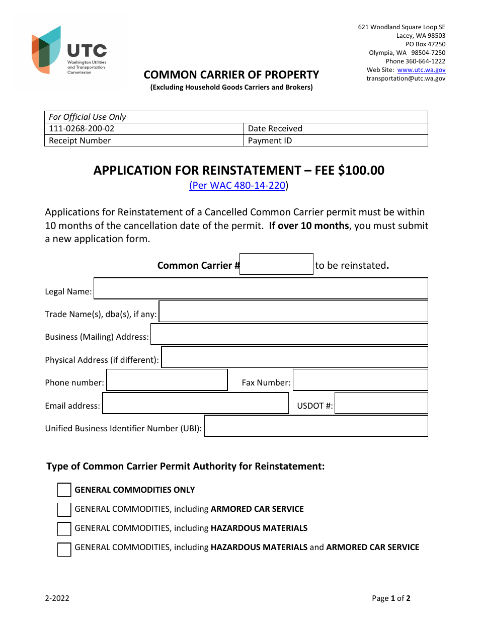 Application for Reinstatement - Common Carrier of Property - Washington, Page 1