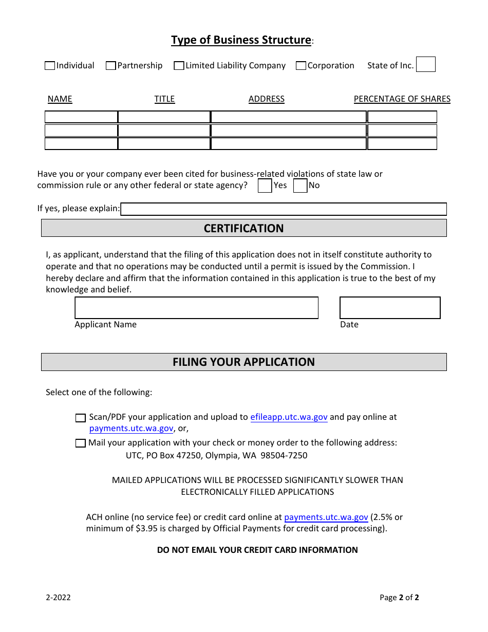 Application for Reinstatement - Common Carrier of Property - Washington, Page 2