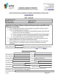 Application for Change of Name or Business Structure - Common Carrier of Property - Washington