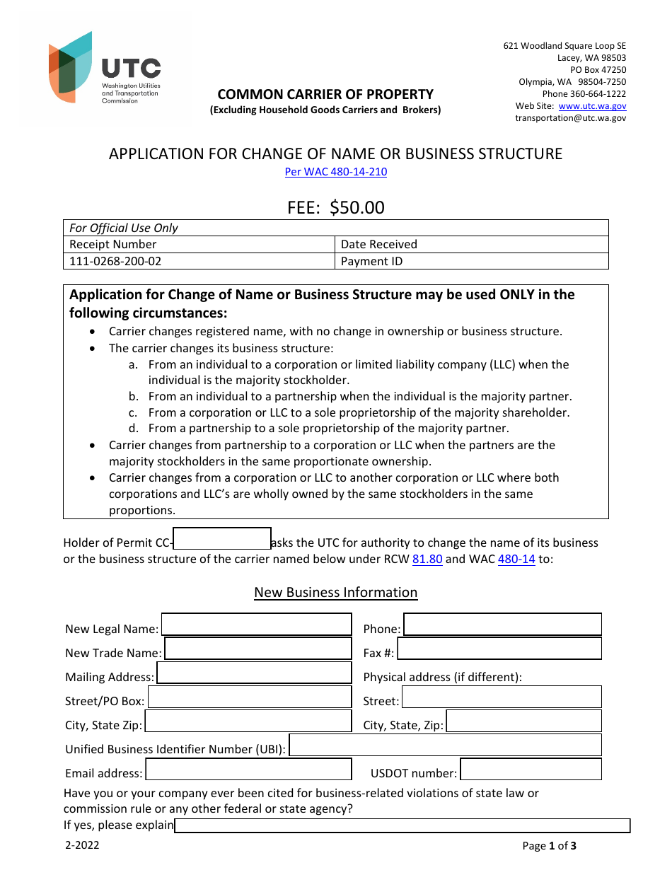 Application for Change of Name or Business Structure - Common Carrier of Property - Washington, Page 1