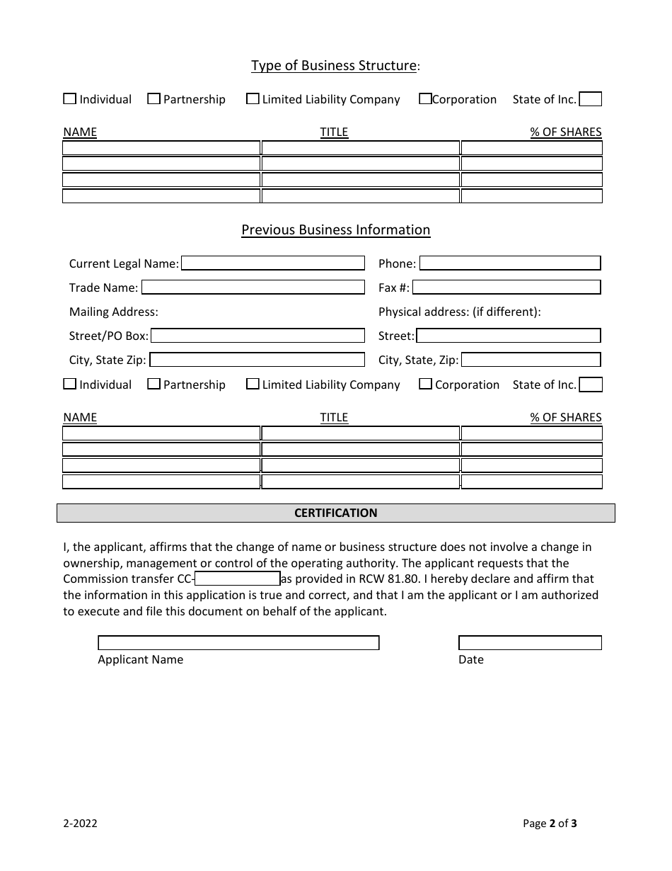 Application for Change of Name or Business Structure - Common Carrier of Property - Washington, Page 2