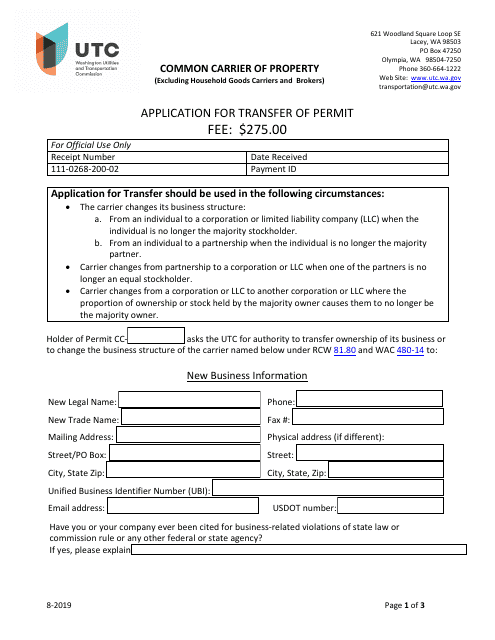 Application for Transfer of Permit - Common Carrier of Property - Washington