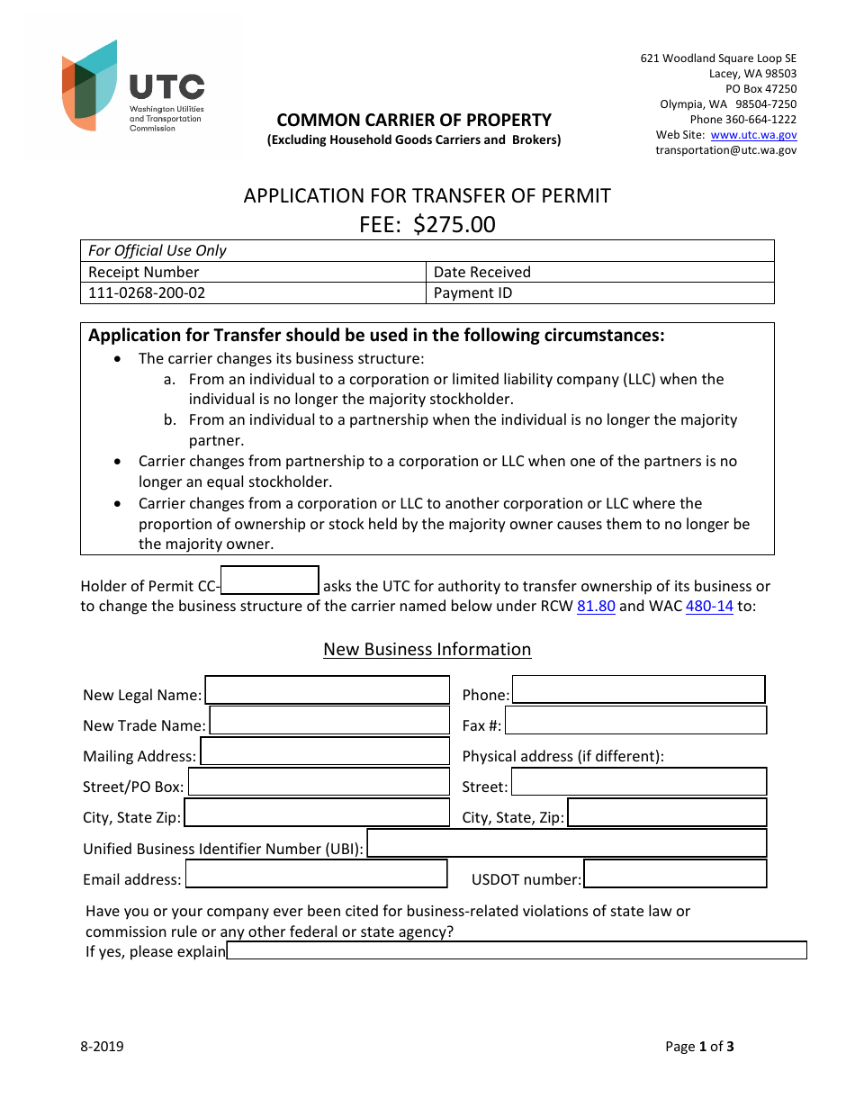 Washington Application for Transfer of Permit Common Carrier of
