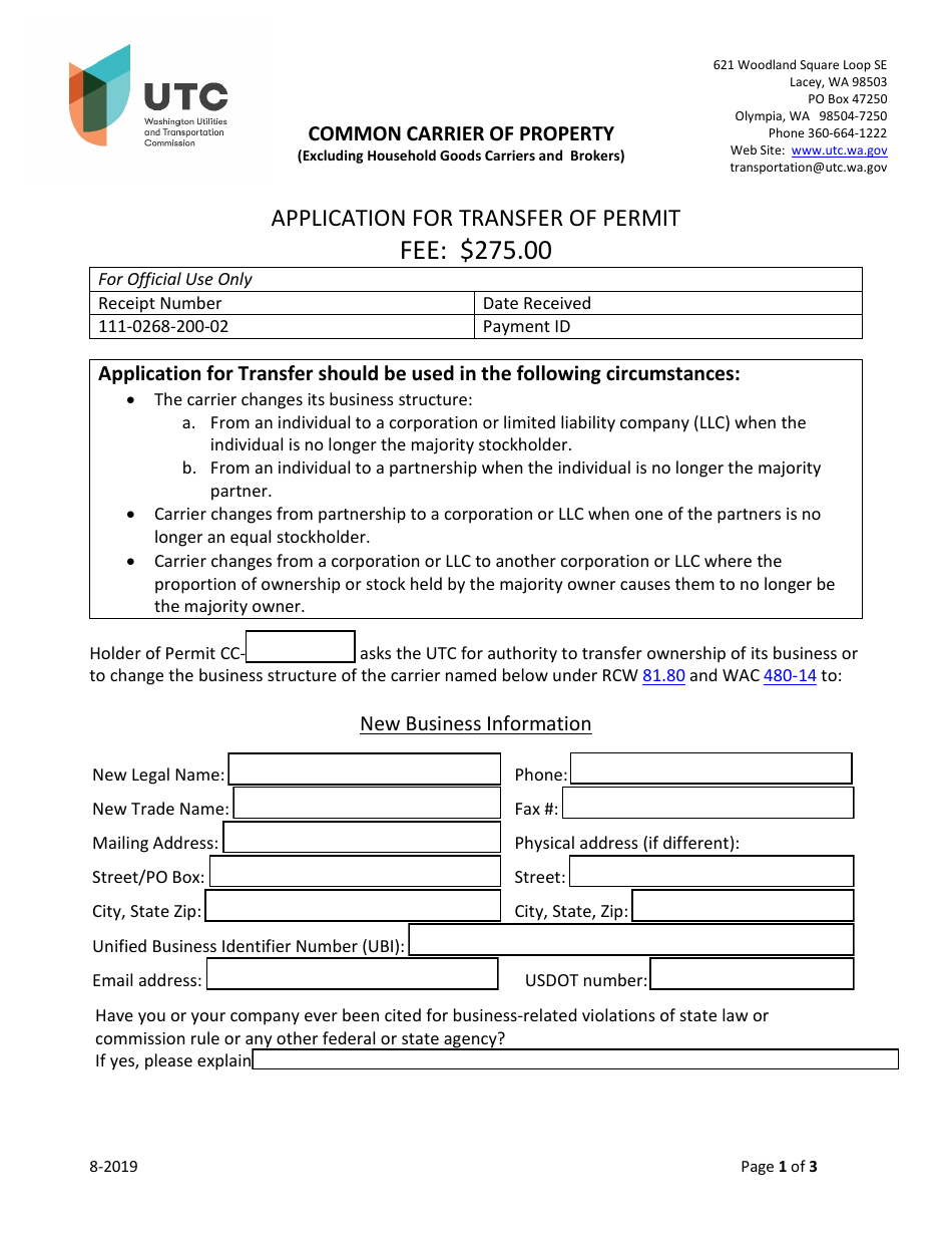 Application for Transfer of Permit - Common Carrier of Property - Washington, Page 1