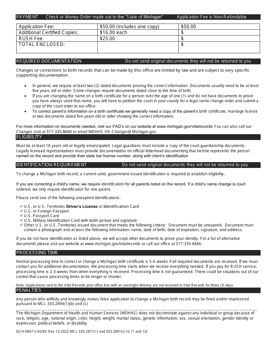 Form DCH-0847-CHGBX Application to Correct or Change a Michigan Birth Record - Michigan, Page 2