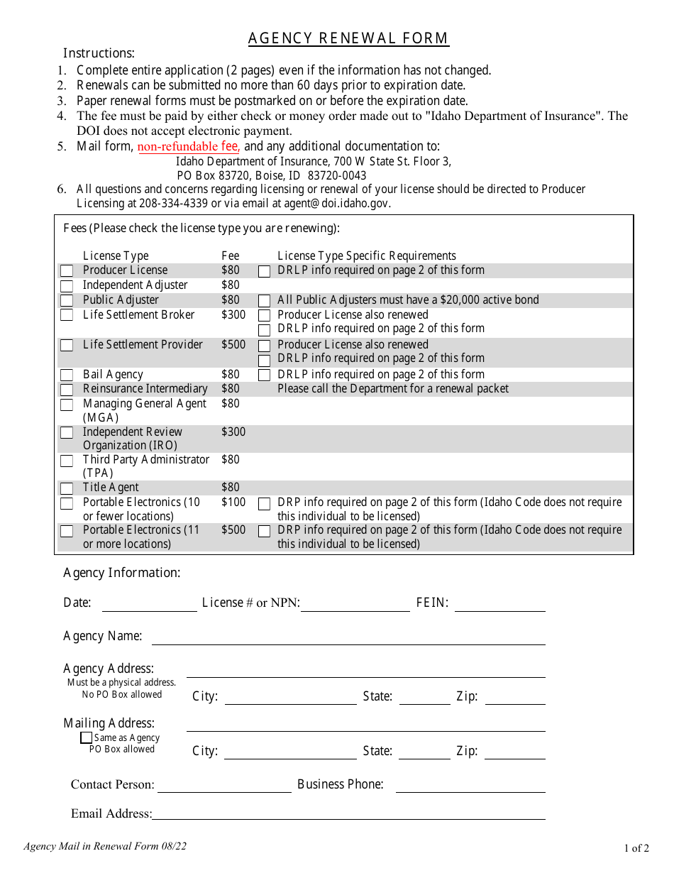 Idaho Agency Renewal Form Fill Out, Sign Online and Download PDF