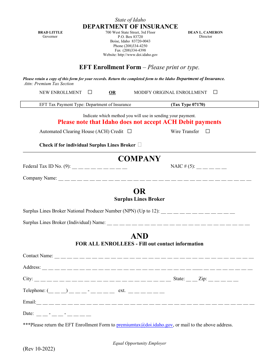Idaho Eft Enrollment Form Fill Out, Sign Online and Download PDF