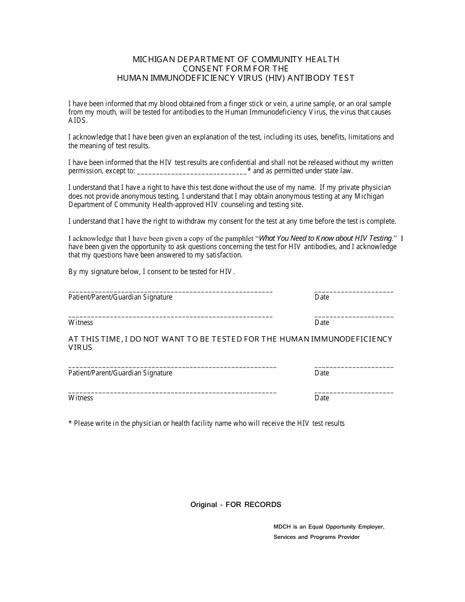 Form DCH-0675CF Consent Form for the Human Immunodeficiency Virus (HIV) Antibody Test - Michigan, Page 1