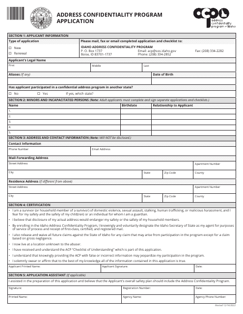 Address Confidentiality Program Application - Idaho Download Pdf