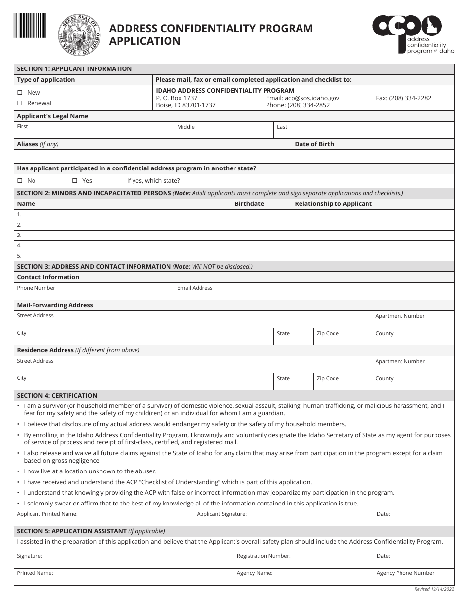 Idaho Address Confidentiality Program Application - Fill Out, Sign ...