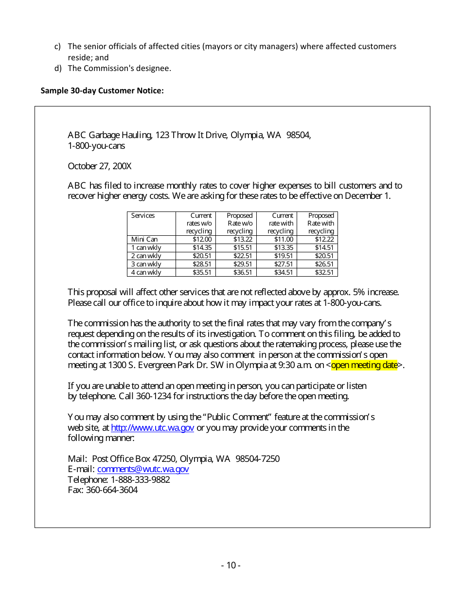 Instructions for Filing a New Solid Waste Tariff or Amend an Existing Tariff - Washington, Page 13