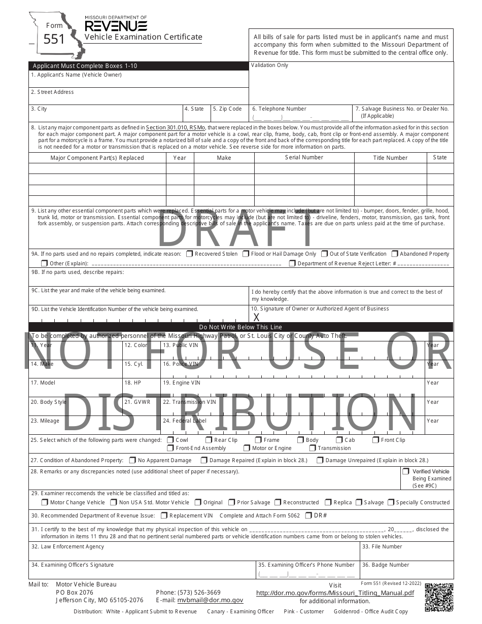 Form 551 Vehicle Examination Certificate - Draft - Missouri, Page 1