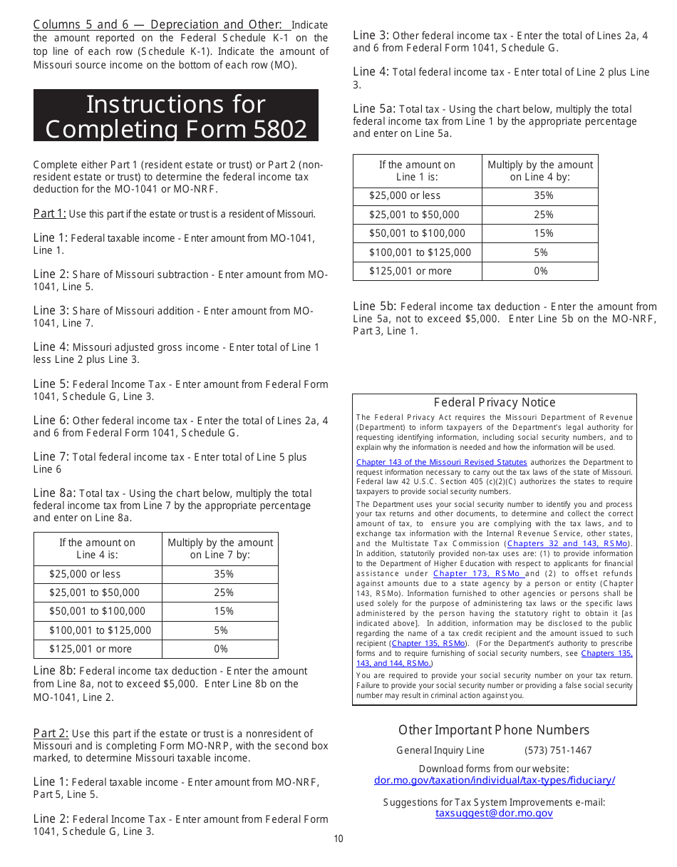 Form MO-1041 Fiduciary Income Tax Return - Missouri, Page 10