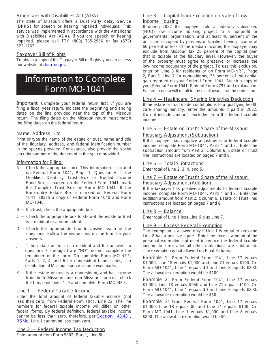 Form MO-1041 Fiduciary Income Tax Return - Missouri, Page 5