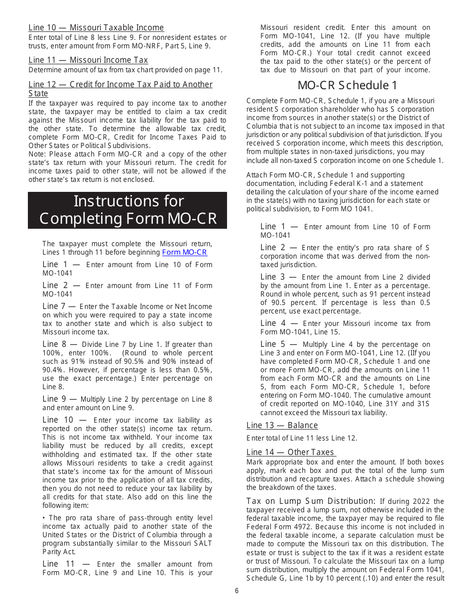 Form MO-1041 Fiduciary Income Tax Return - Missouri, Page 6
