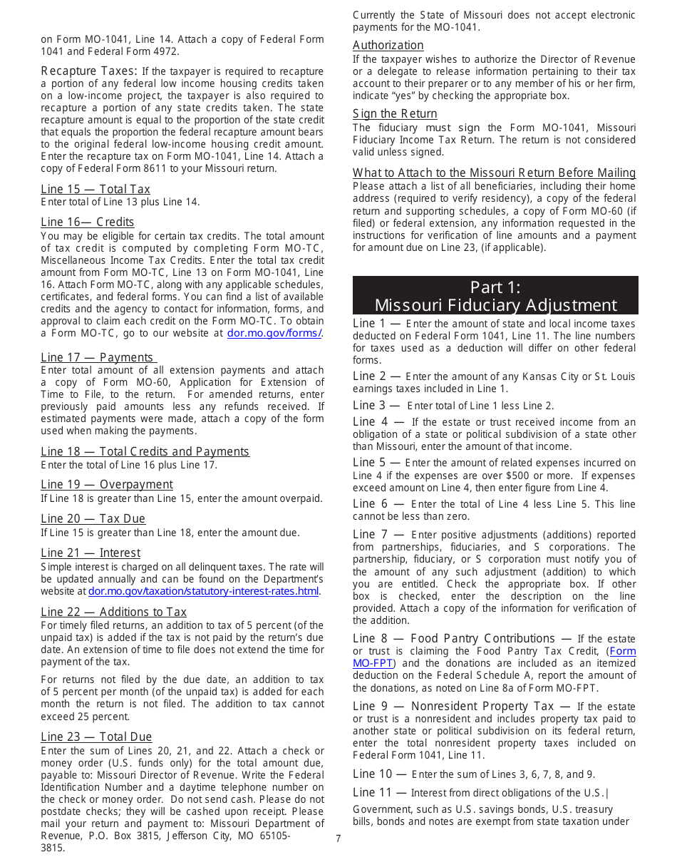 Form MO-1041 Fiduciary Income Tax Return - Missouri, Page 7