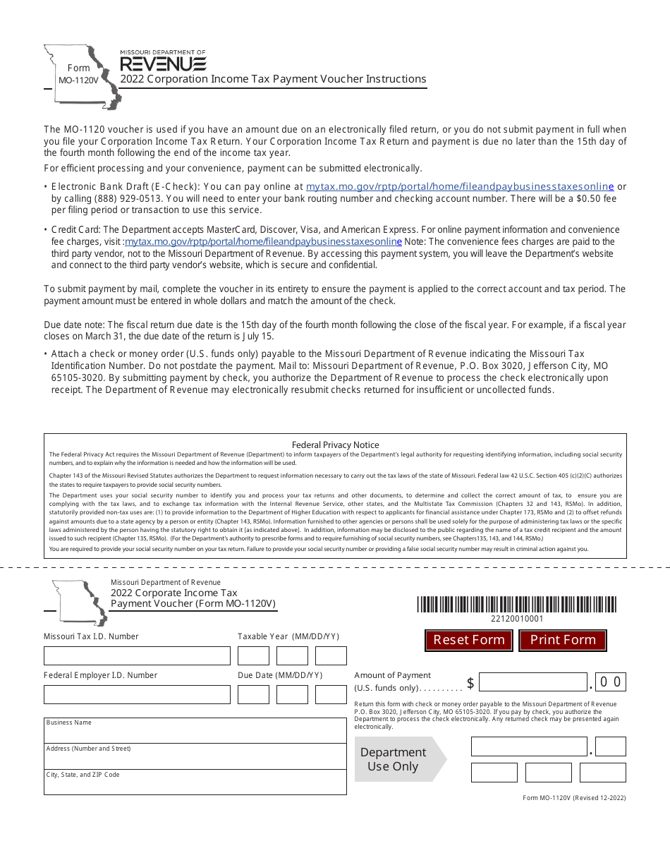 Form MO-1120V Corporation Income Tax Payment Voucher - Missouri, Page 1