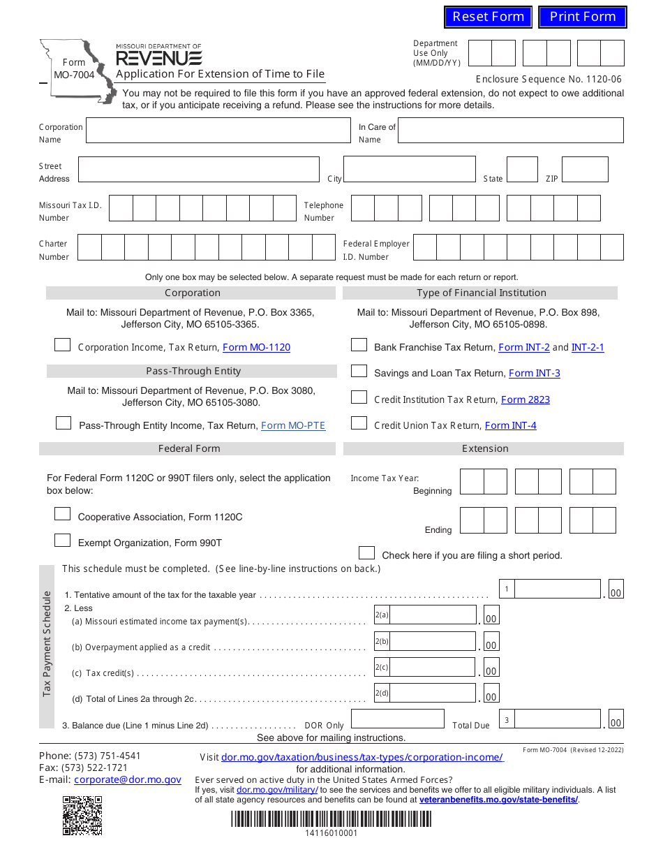 Form MO-7004 Application for Extension of Time to File - Missouri, Page 1