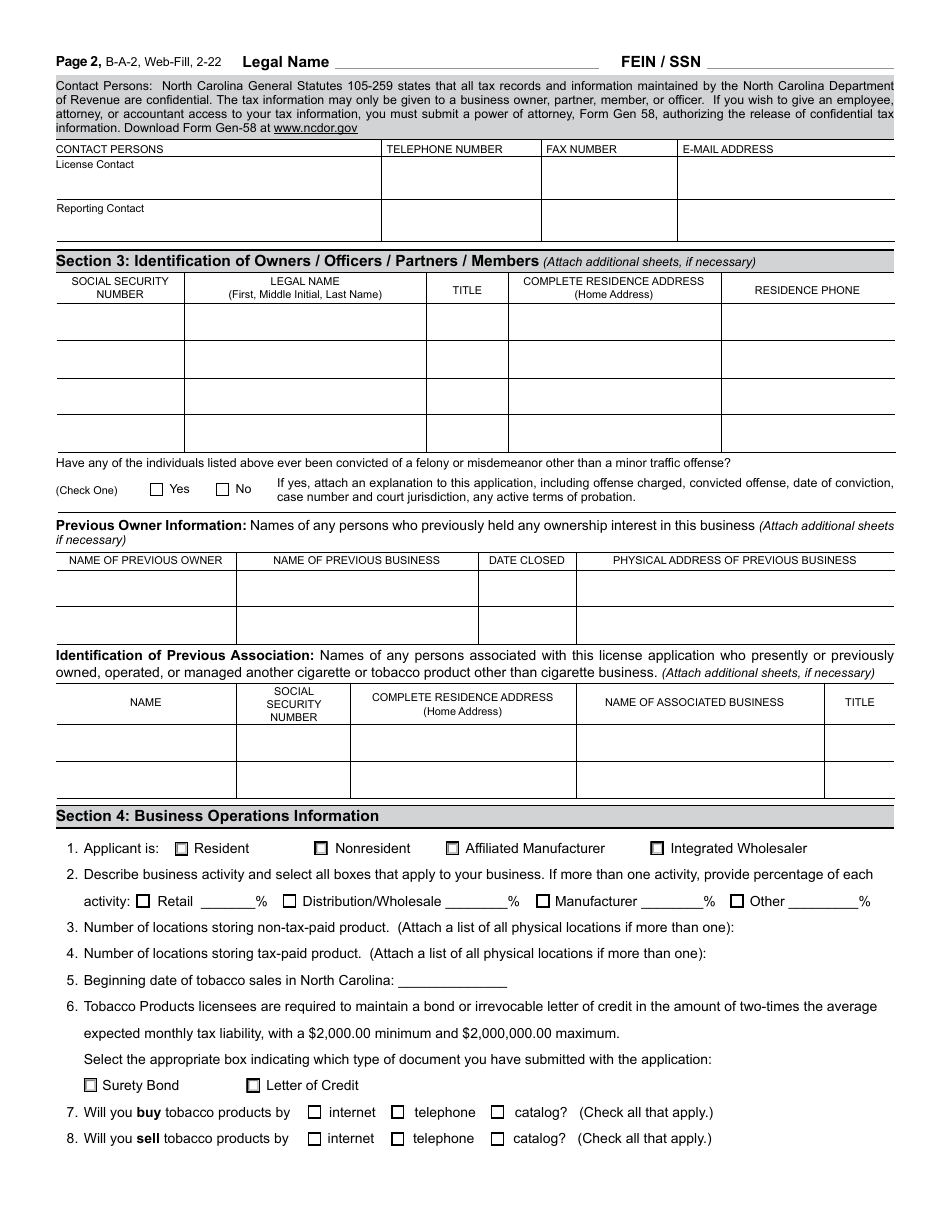 Form B-A-2 Application or Update to an Existing Application for Cigarette Distributors License and Tobacco Products (Other Than Cigarettes) License - North Carolina, Page 3