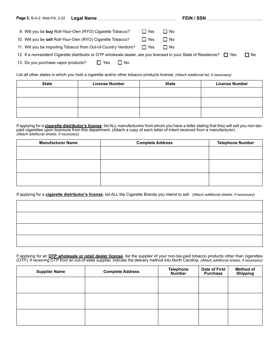 Form B-A-2 Application or Update to an Existing Application for Cigarette Distributors License and Tobacco Products (Other Than Cigarettes) License - North Carolina, Page 4
