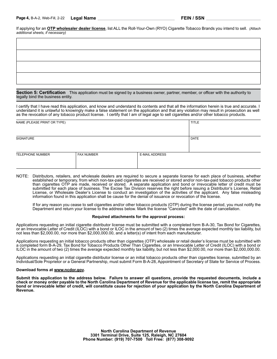 Form B-A-2 Application or Update to an Existing Application for Cigarette Distributors License and Tobacco Products (Other Than Cigarettes) License - North Carolina, Page 5