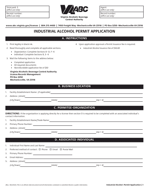 Industrial Alcohol Permit Application - Virginia