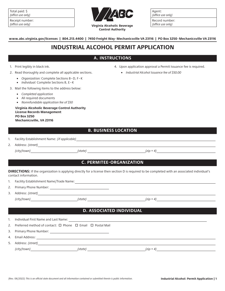 Industrial Alcohol Permit Application - Virginia, Page 1