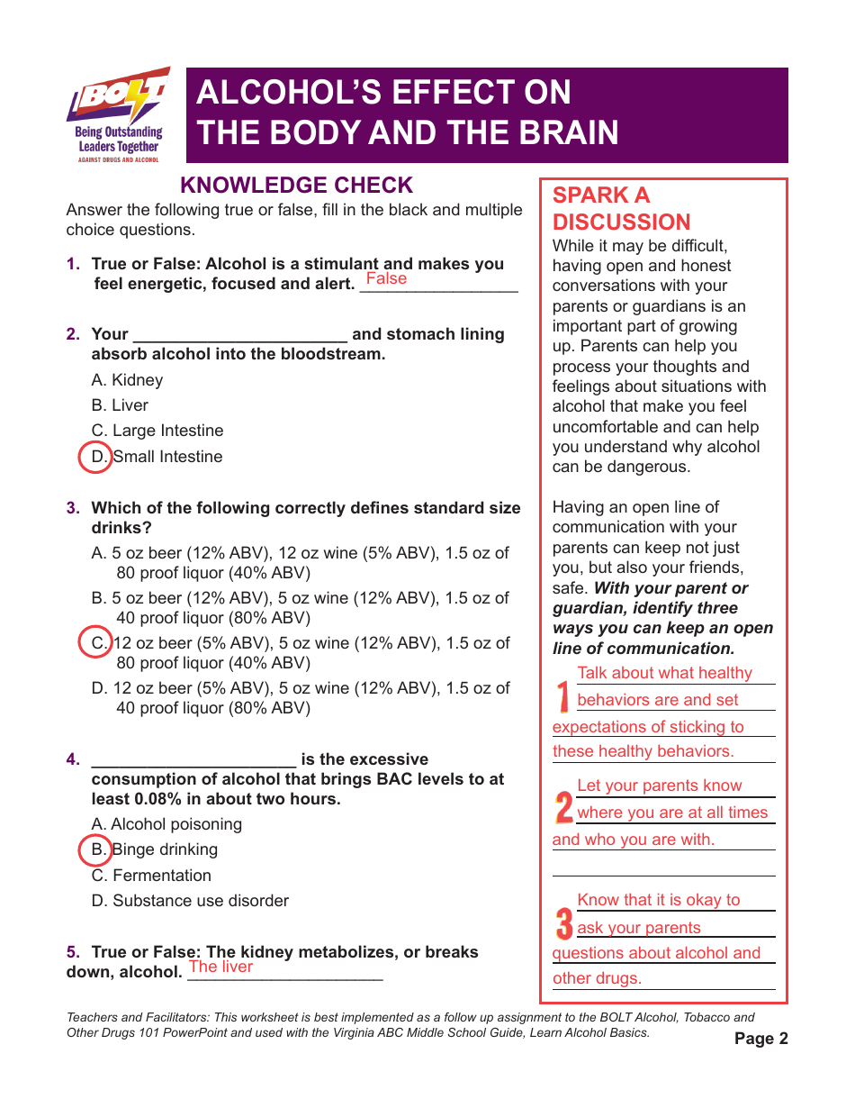 Alcohols Effect on the Body and the Brain - Answer Key - Virginia, Page 2