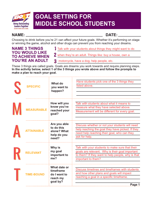 Goal Setting for Middle School Students - Answer Key - Virginia