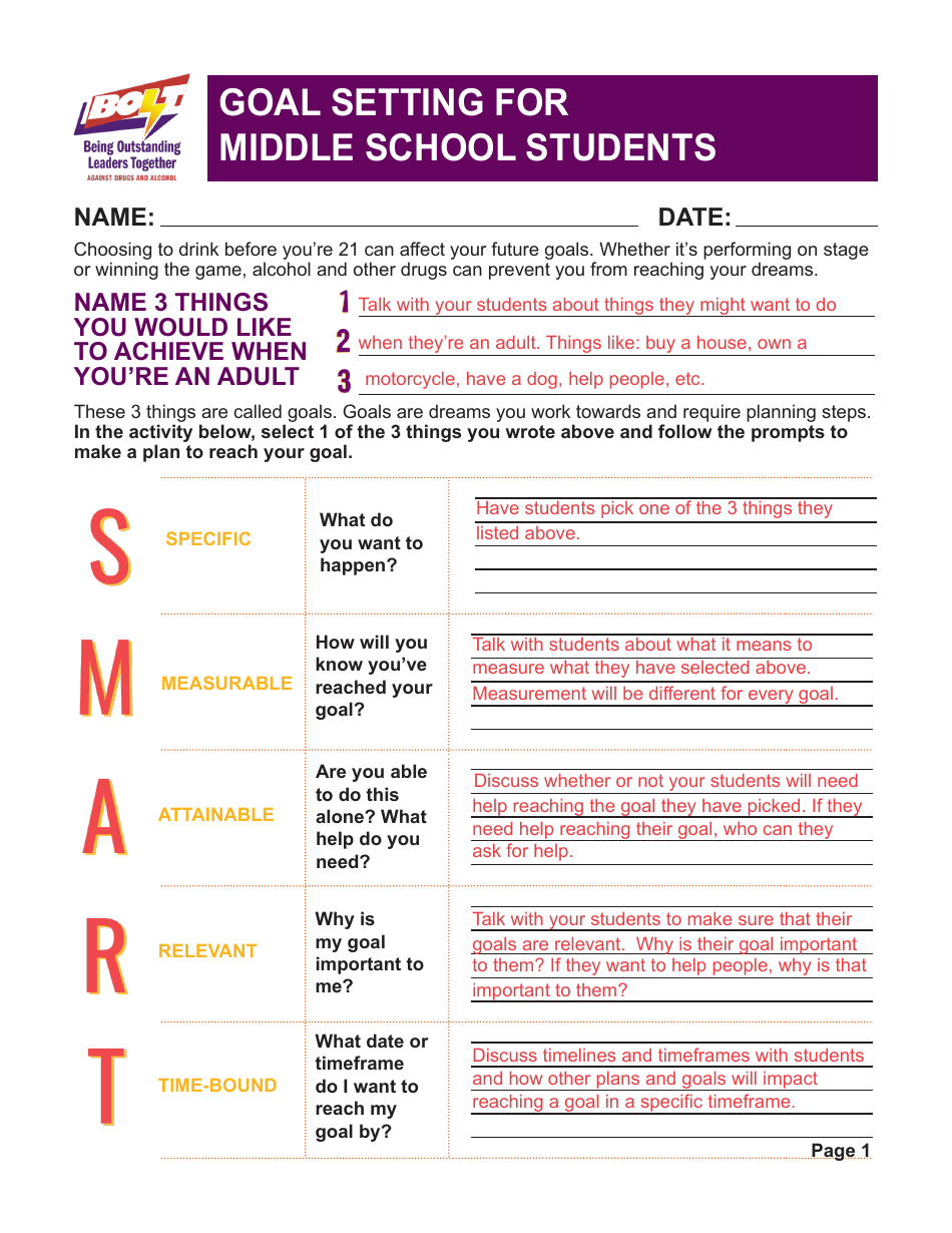 Goal Setting for Middle School Students - Answer Key - Virginia, Page 1