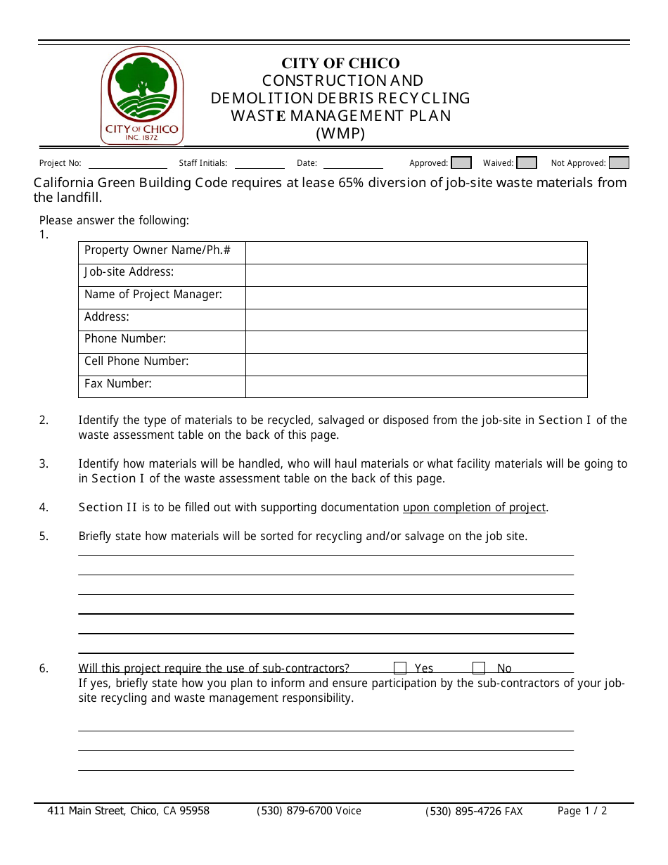 Construction and Demolition Debris Recycling Waste Management Plan (Wmp) - City of Chico, California, Page 1