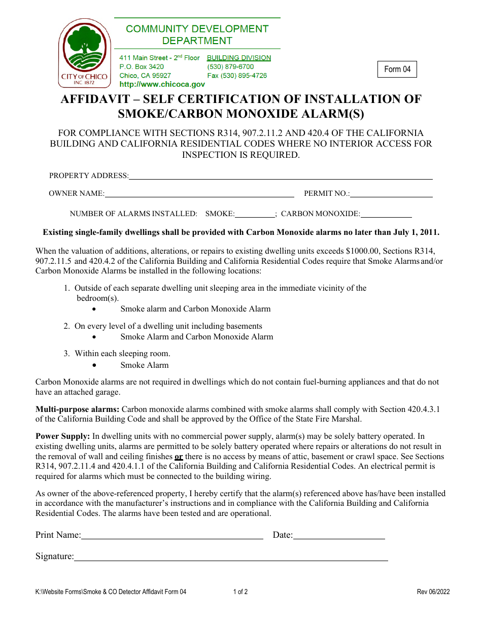 Form 04 Affidavit - Self Certification of Installation of Smoke / Carbon Monoxide Alarm(S) - City of Chico, California, Page 1