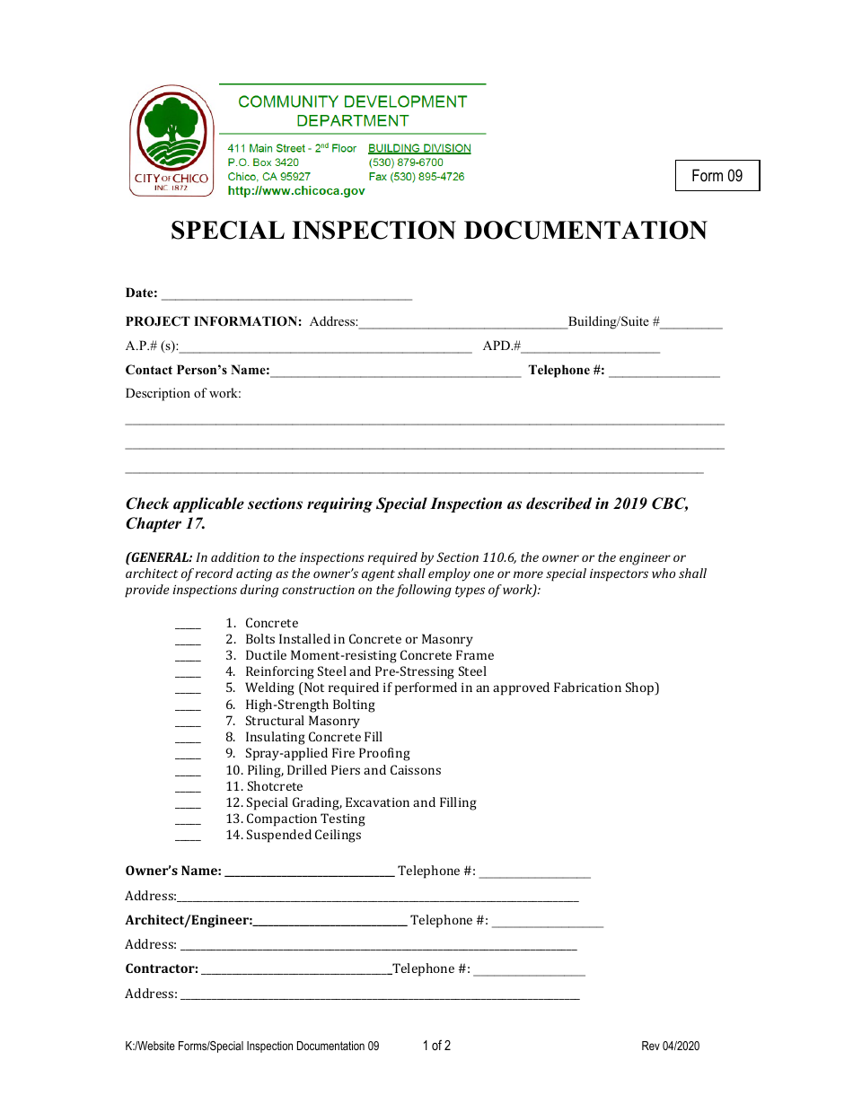 Form 09 Special Inspection Documentation - City of Chico, California, Page 1