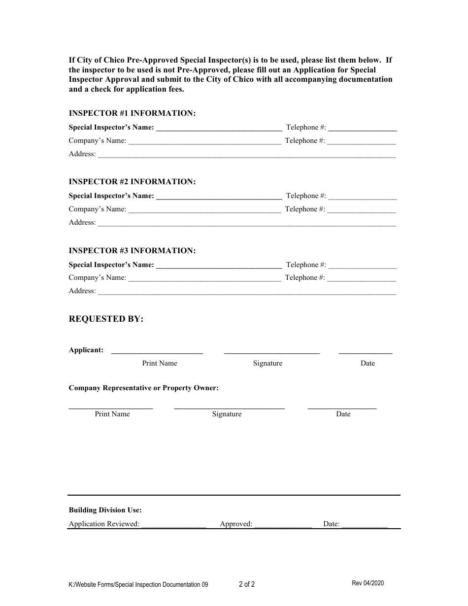 Form 09 Special Inspection Documentation - City of Chico, California, Page 2