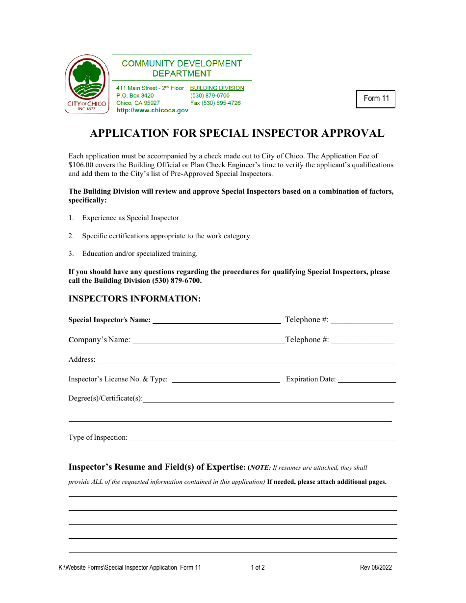 Form 11 Application for Special Inspector Approval - City of Chico, California, Page 1