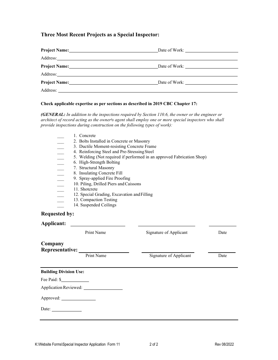 Form 11 Application for Special Inspector Approval - City of Chico, California, Page 2