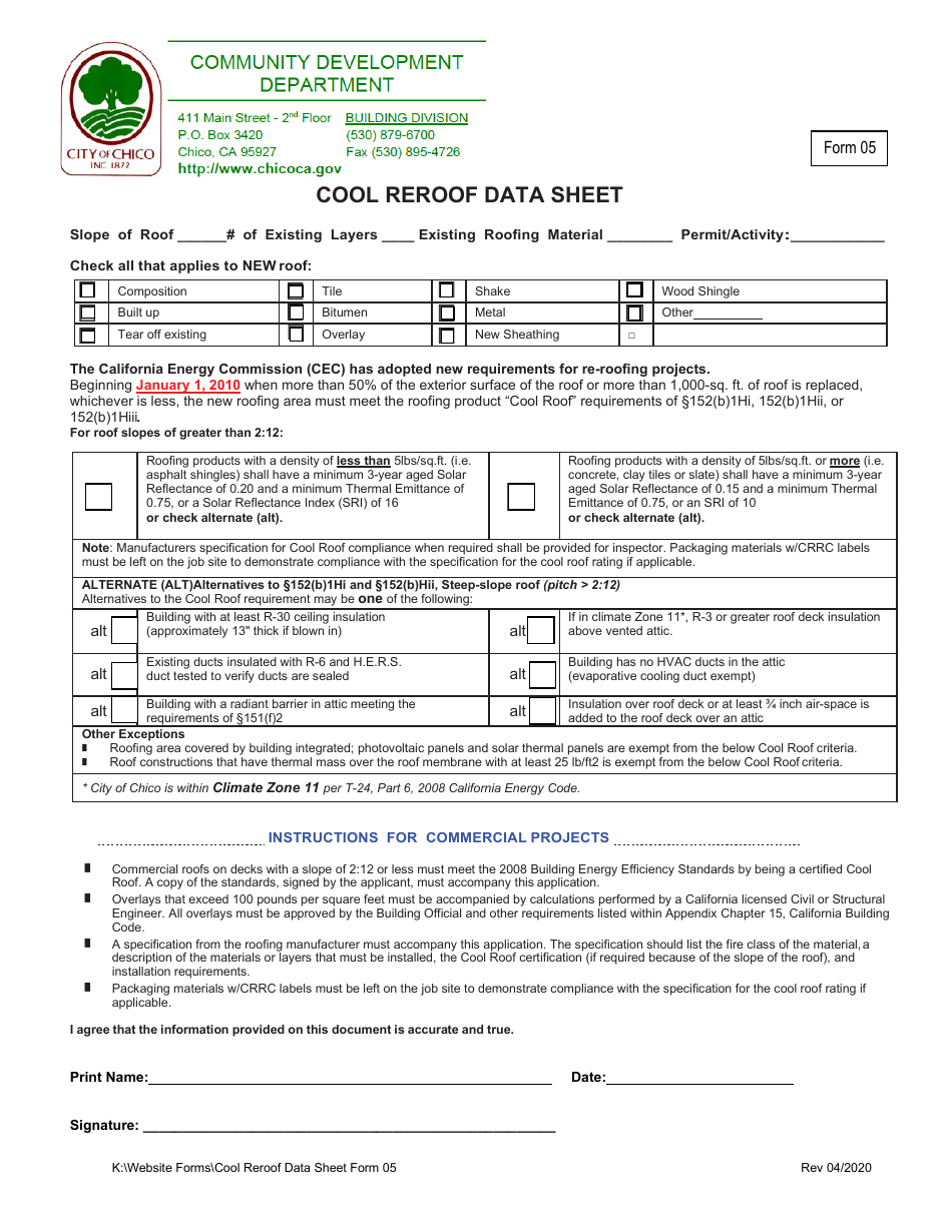 Form 05 Cool Reroof Data Sheet - City of Chico, California, Page 1