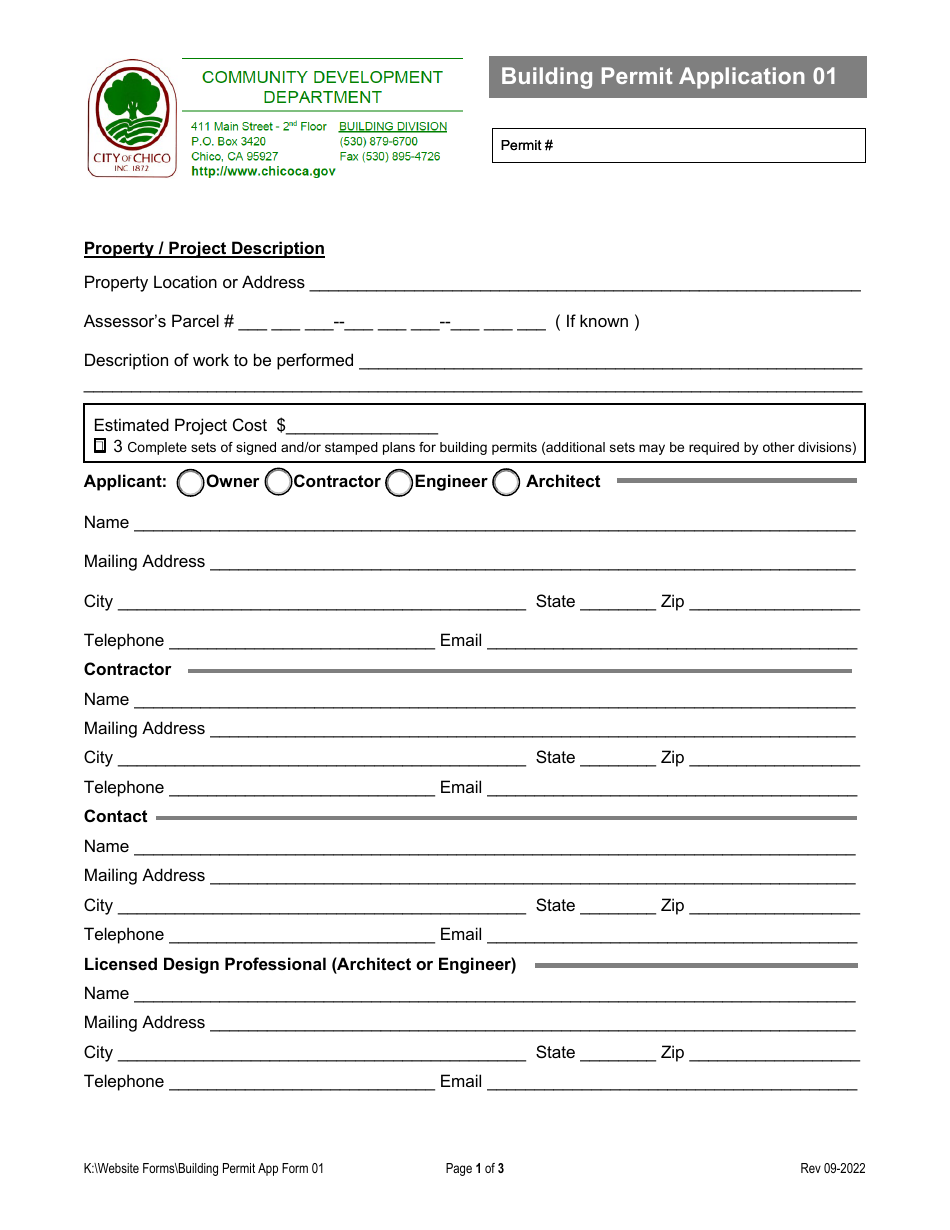 Form 01 Building Permit Application - City of Chico, California, Page 1