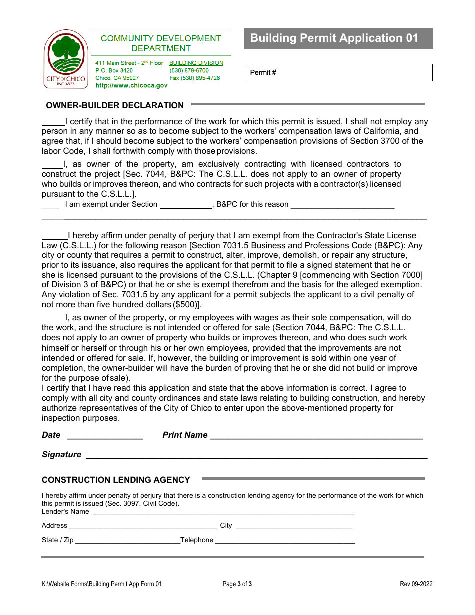 Form 01 Building Permit Application - City of Chico, California, Page 3