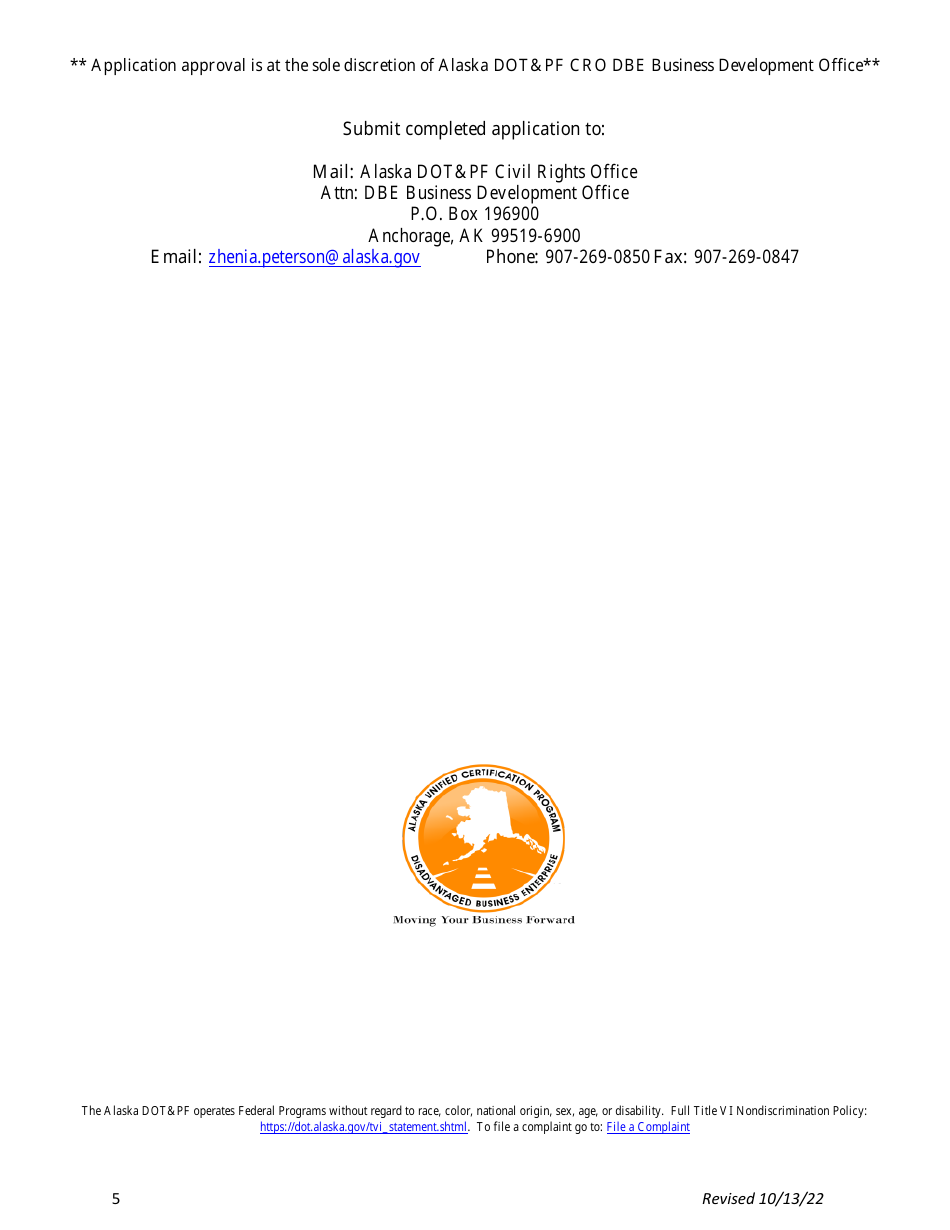 Dbe 50% Reimbursement Application - Alaska, Page 5