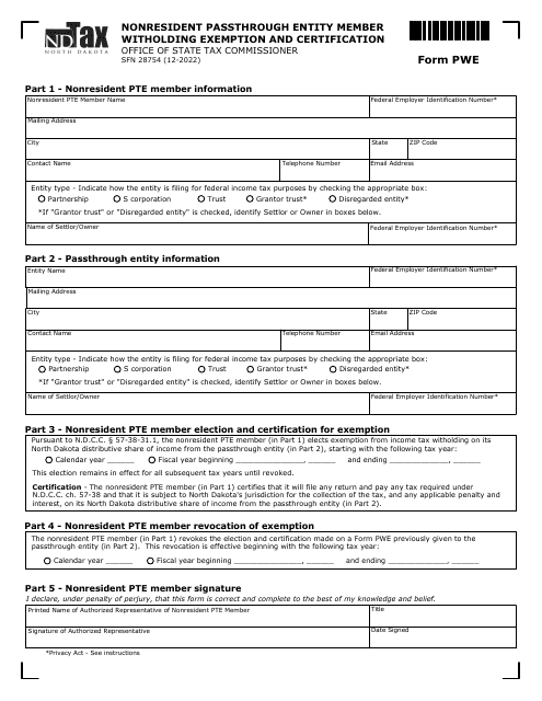 Form PWE (SFN28754)  Printable Pdf