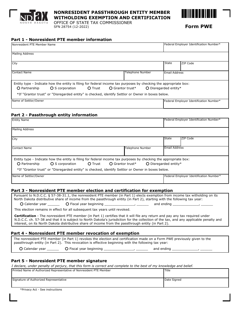 Form PWE (SFN28754) Nonresident Passthrough Entity Member Witholding Exemption and Certification - North Dakota, Page 1