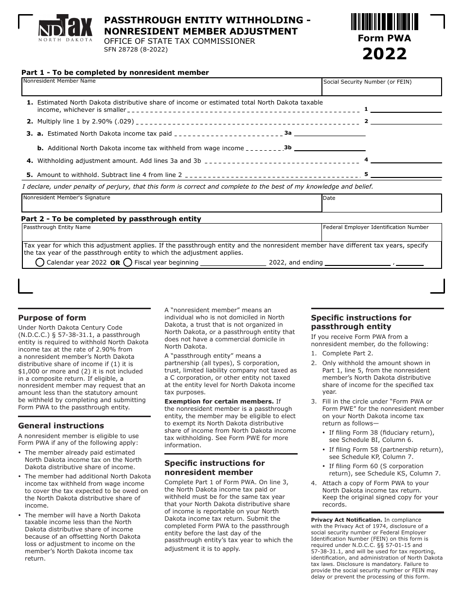 Form PWA 2022 Fill Out, Sign Online and Download Fillable PDF