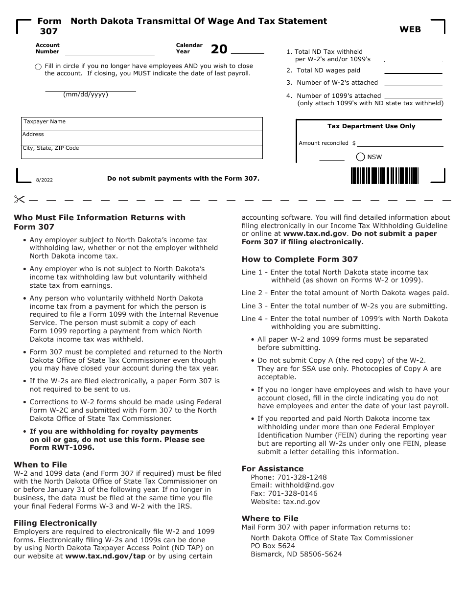Form 307 North Dakota Transmittal of Wage and Tax Statement - North Dakota, Page 1
