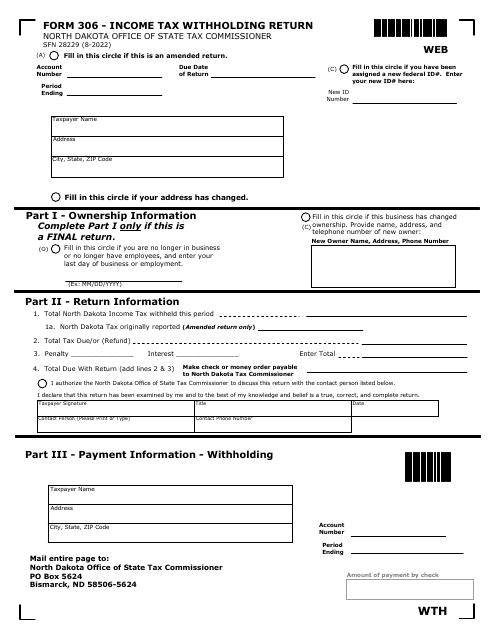Form 306 (SFN28229) Income Tax Withholding Return - North Dakota