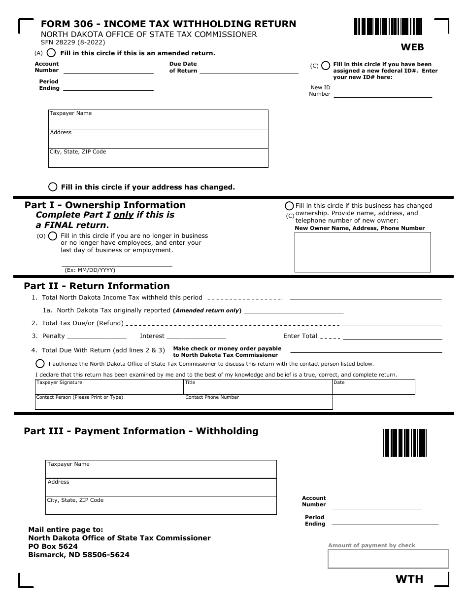 Form 306 (SFN28229) Income Tax Withholding Return - North Dakota, Page 1