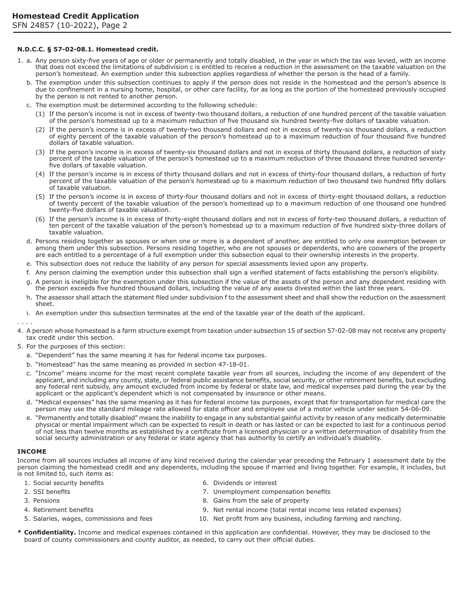 Form SFN24757 Homestead Credit Application for Senior Citizens  Disabled Persons - North Dakota, Page 2