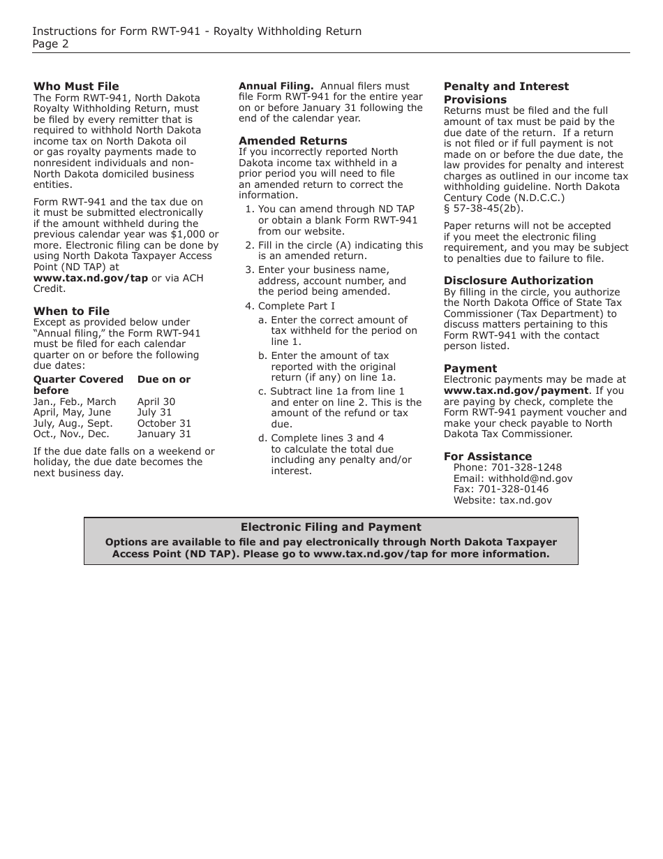 Form RWT-941 (SFN28261) Royalty Withholding Return - North Dakota, Page 2