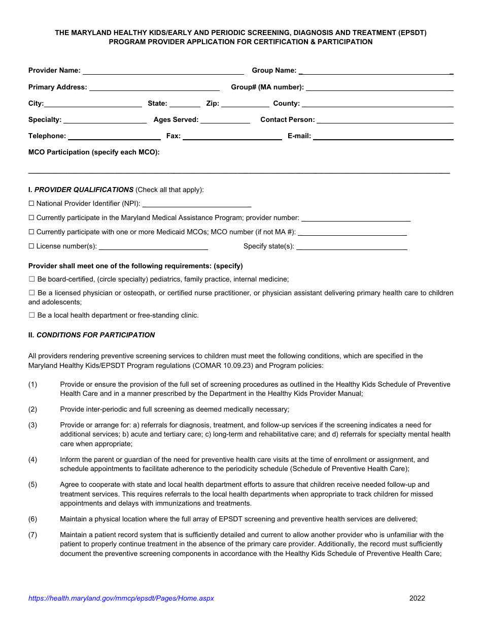 Provider Application for Certification  Participation - the Maryland Healthy Kids/Early and Periodic Screening, Diagnosis and Treatment (Epsdt) Program - Maryland, Page 1